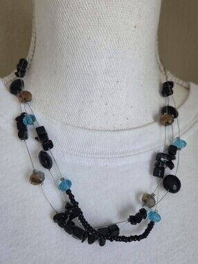 signed erica lyons multi strand black stone turquoise crystal illusion necklace